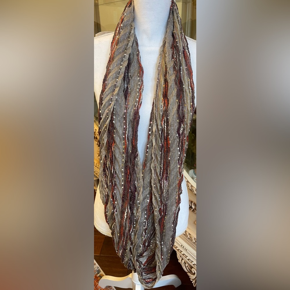 Neutral Taupe Infinity Scarf with Rust and Gold Accents - Picture 4 of 8